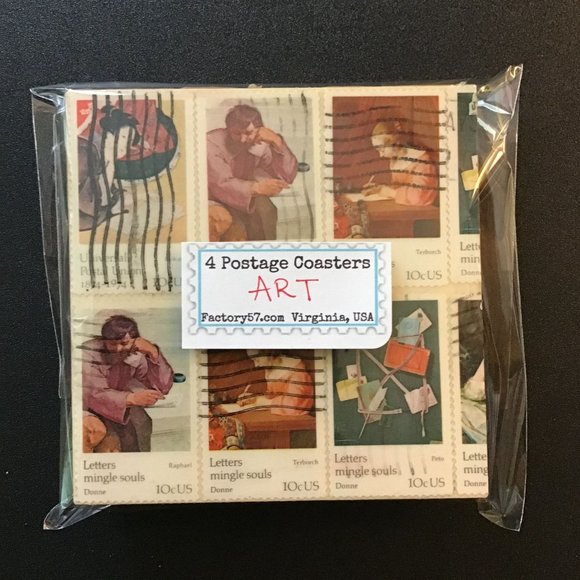 Art Coasters, 4 pack, Real Postage Stamp Wood Coaster Set with Cork Backing - Picture 2 of 10